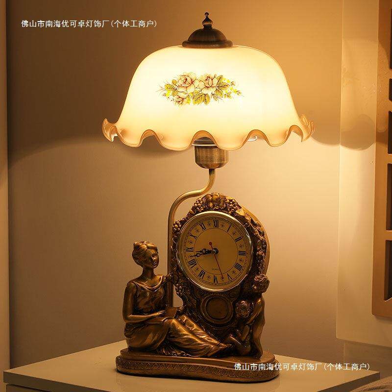 时钟床头灯卧室欧式创意复古美式家用书房客厅温馨装饰遥控台灯