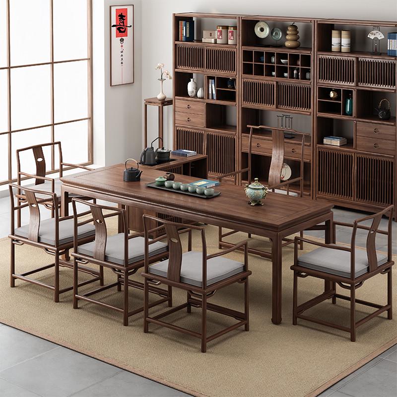 新中式茶桌椅家用泡茶茶台现代简约茶几组合老榆木实木禅意办公室
