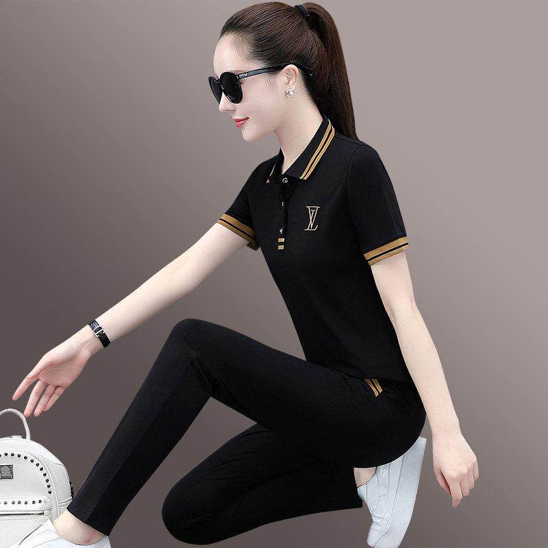 潮牌CVY运动服套装女2025夏季新款韩版立领洋气休闲短袖T恤两件套
