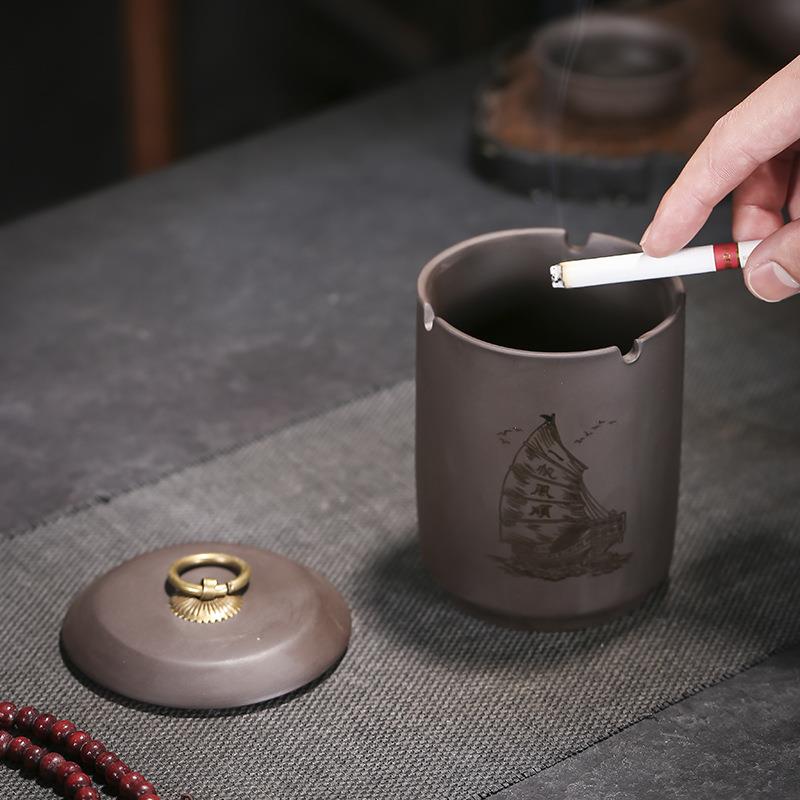 新款直销陶瓷直身紫砂烟灰缸时尚防风大号客厅家用欧式潮流带盖子