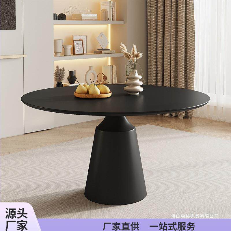 岩板圆形餐桌家用小户型极简纯黑圆桌带转盘纯白饭桌恰谈桌桌
