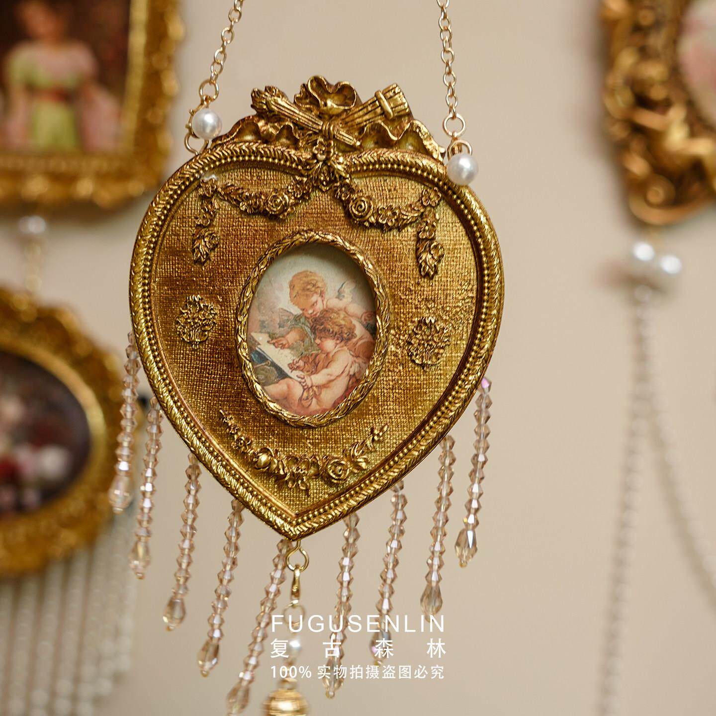 覆古森林心形浮雕树脂欧式迷你相框珍珠流苏手作画 画框摆件雕花