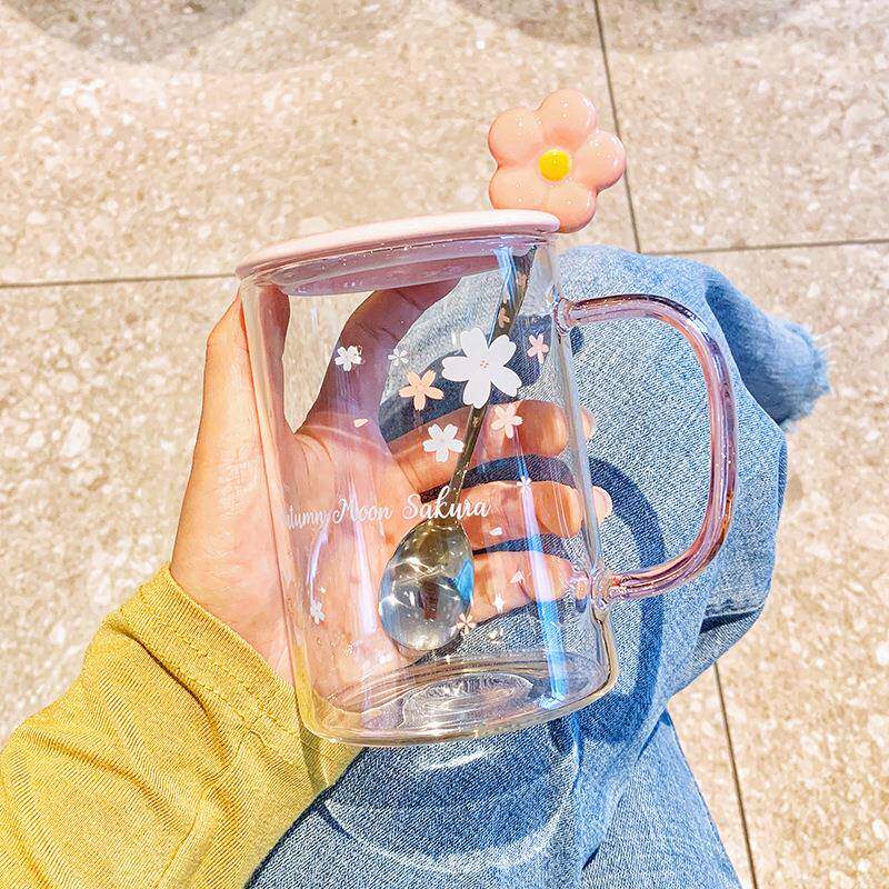 高颜值日式樱花带盖勺子水杯高硼硅耐高温办公室女大容量玻璃杯夏
