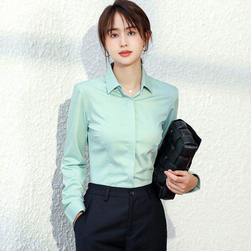 竹纤维浅绿色衬衫女修身长袖干练职业正装免熨烫抗皱工作服白色衬