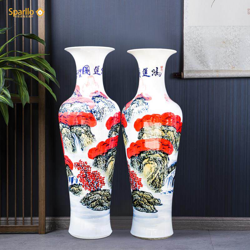 景德镇陶瓷手绘吉祥画青花山水落地式花瓶家居客厅饰品公司开业