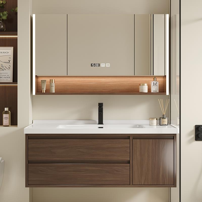 安苒卫浴中古风胡桃木陶瓷一体盆浴室柜组合卫生间洗手洗脸洗漱台