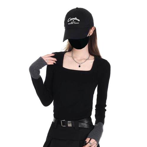 针202修4冬季韩版身毛衣上衣女可外穿黑色方领内搭207 毛衣收腰保