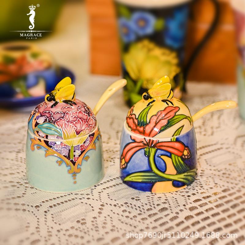 MAGRACE HOME欧式可爱手绘花卉浮雕蜂蜜罐2款家居厨房创意摆件