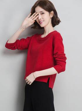 红色短款低领毛衣女套头春秋2025秋冬洋气小个子针织打底衫羊毛衫