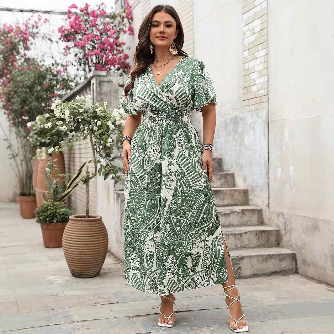 Plus size V-neck printed women dress XL-4XL大尺码女装洋装