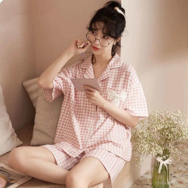 夏季睡衣女夏棉质夏天短袖短裤男睡衣/家居服套装
