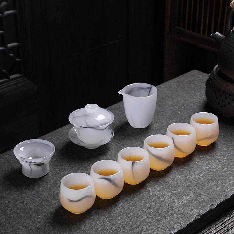 高档琉璃白玉瓷茶具套组家用大气功夫泡茶具玻璃杯办公室客厅礼盒
