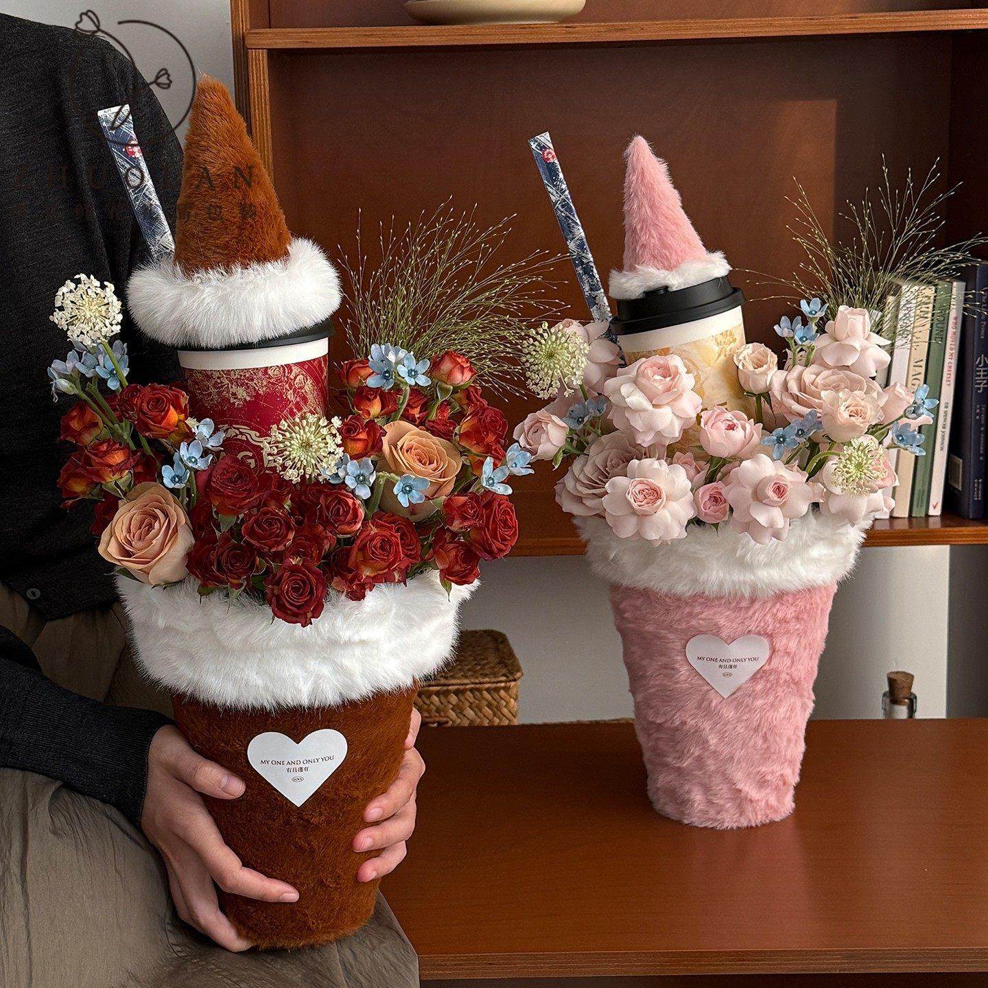 奶茶杯花束秋冬新品毛绒奶茶啵啵杯冰淇淋甜筒花束插花神器鲜花包,节庆用品/礼品,创意礼盒/礼品套组,淘宝优惠券,粉丝福利购,淘宝优惠卷