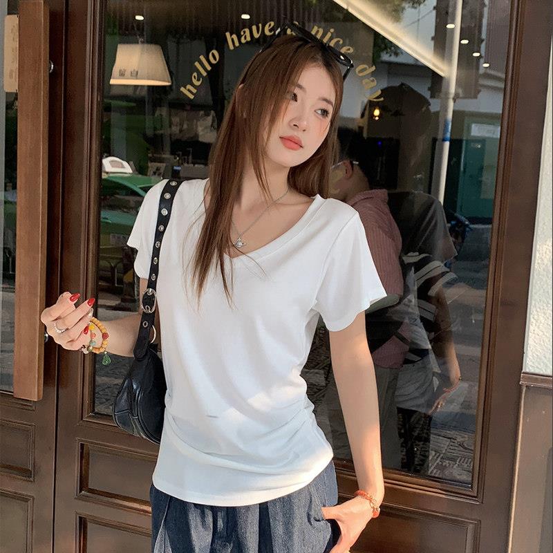 纯白色V领正肩短袖T恤女2025夏季新款薄款收腰设计感小众修身上衣