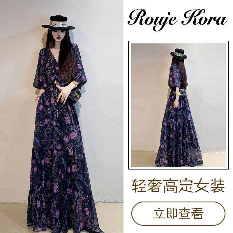Rouje Kora法式高级感碎花连衣裙女夏季新款收腰大摆长款及踝长裙