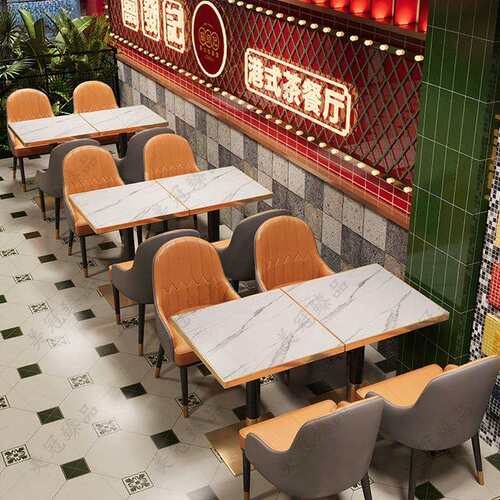 港风茶楼商用餐桌椅甜品小吃餐饮店西餐厅连锁店轻奢岩板桌椅组合