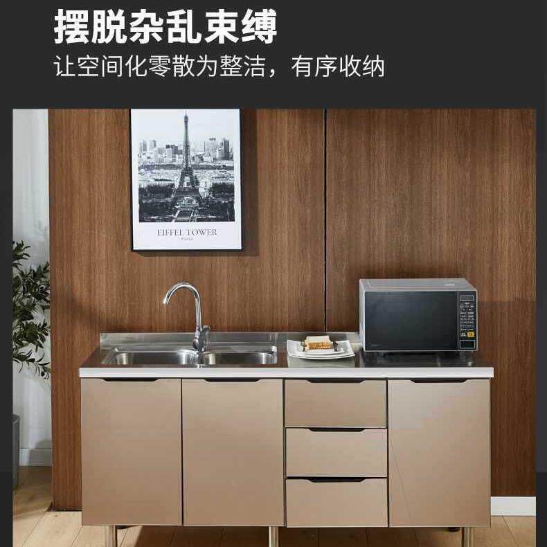 家用组装碗柜经济型餐边柜水槽不锈钢厨房橱柜玻璃门简易灶台一体