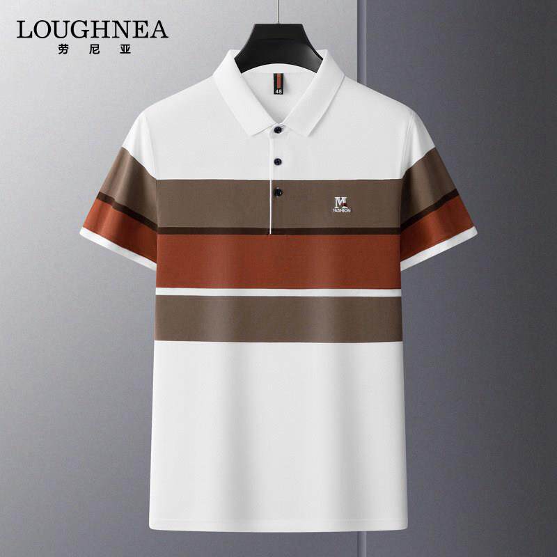 LOUGHNEA高端纯棉短袖T恤男刺绣翻领夏季新款中年时尚条纹polo衫
