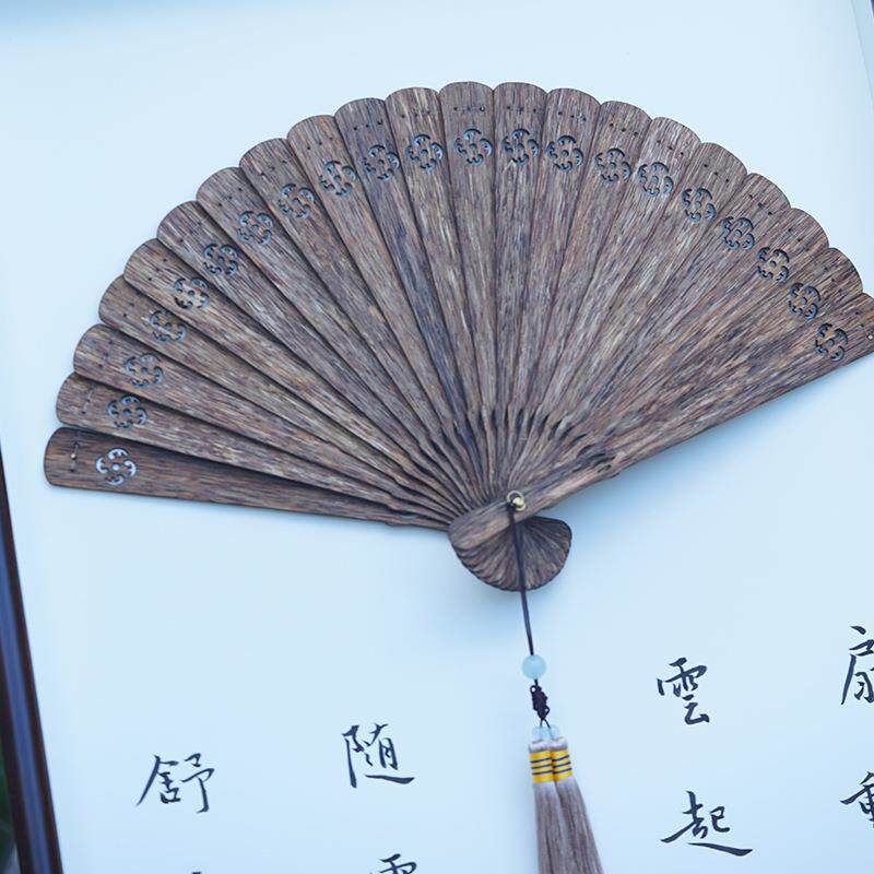越南芽庄沉香装饰扇折扇挂画黑油老料沉香木工艺摆件中国风装饰