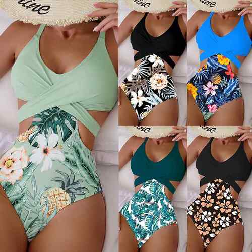 Printed hollow lace up one-piece bikini swimsuit women's
