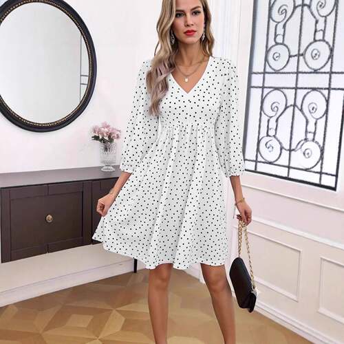 Elegant Chic V - Neck Polka Dot High - Waisted Dress Womensw