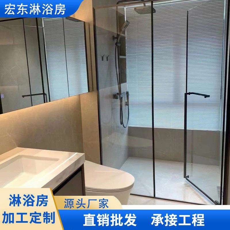 极窄哑黑304不锈钢转轴平开门淋浴房干湿分离一字形淋浴房隔断