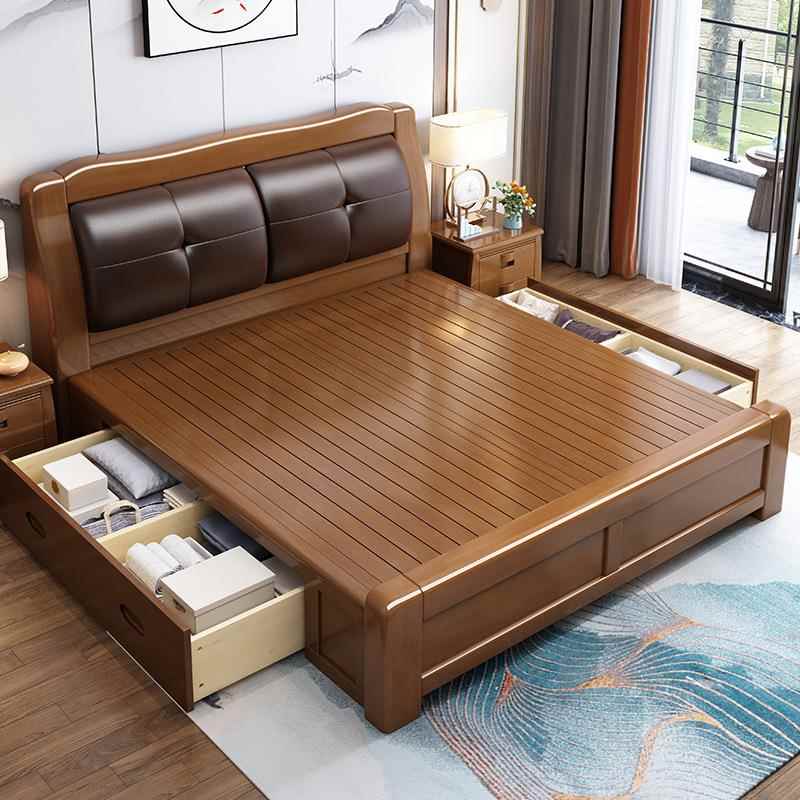 实床主卧婚床1.5m双人1.8现代简约卧床室储m物软包经木X132#-1济
