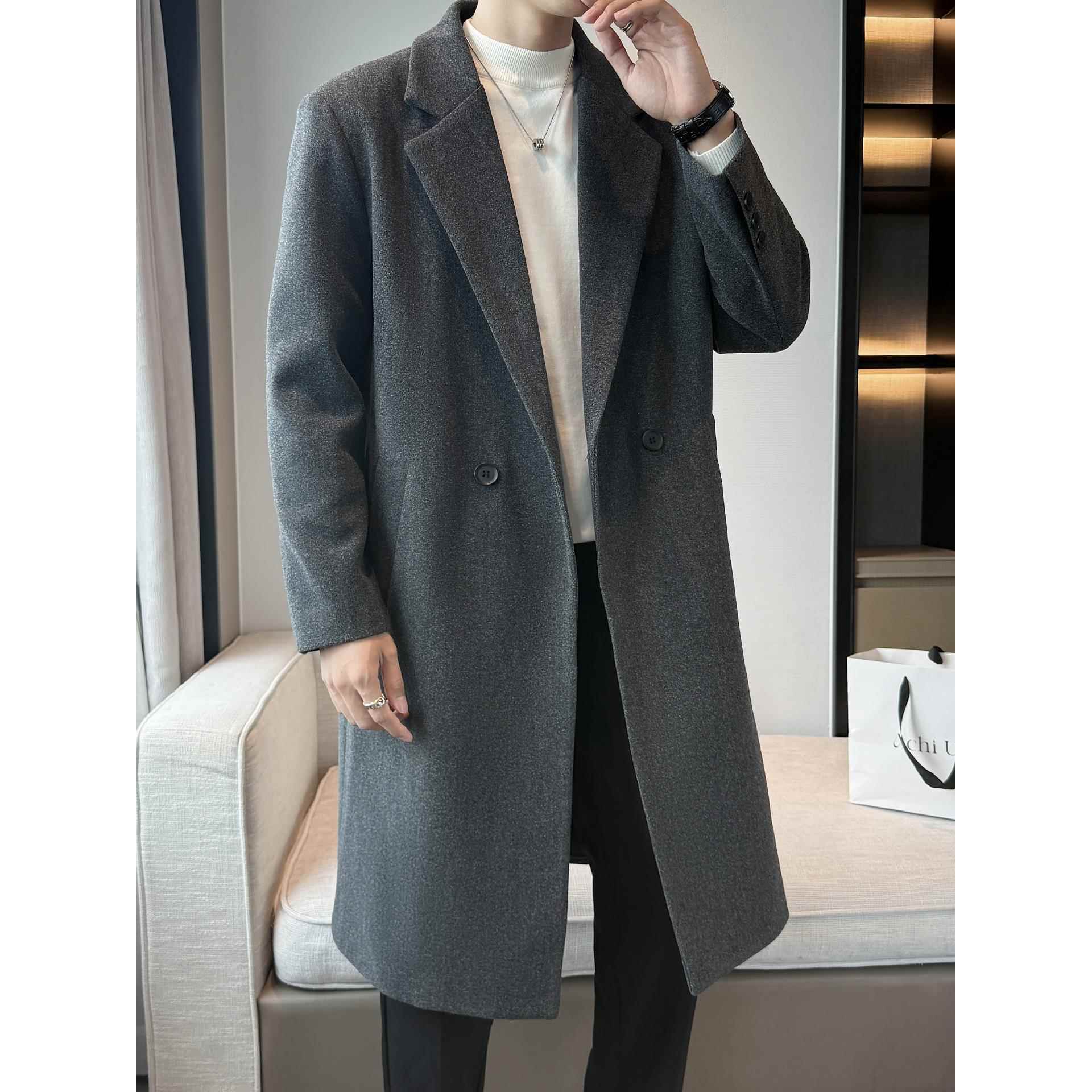 灰色长版呢子外套男士宽松呢料加厚款风衣男生中长款休闲毛1022r