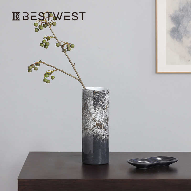Best west 烟灰大理石纹理直筒圆柱花瓶 高档轻奢样板间软装饰品