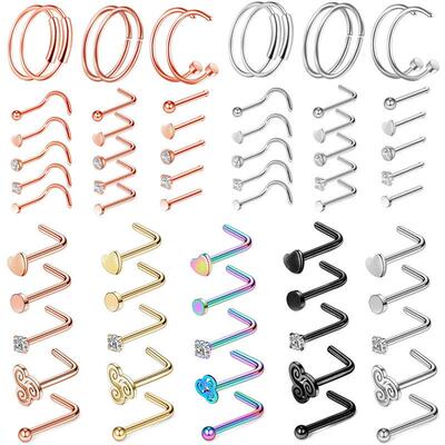 Stainless Steel Crystal Nose Stud Pack 20G L Shape Nose Ring