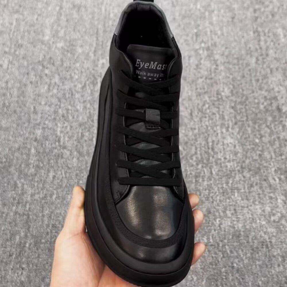 男士透气韩版圆头休闲皮鞋秋冬新款黑色高帮加绒加厚牛皮休闲板鞋