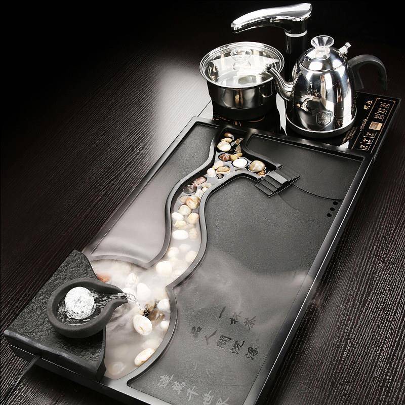 秦艺整块天然乌金石茶盘家用轻奢雾化流水茶海泡茶台全自动电磁炉