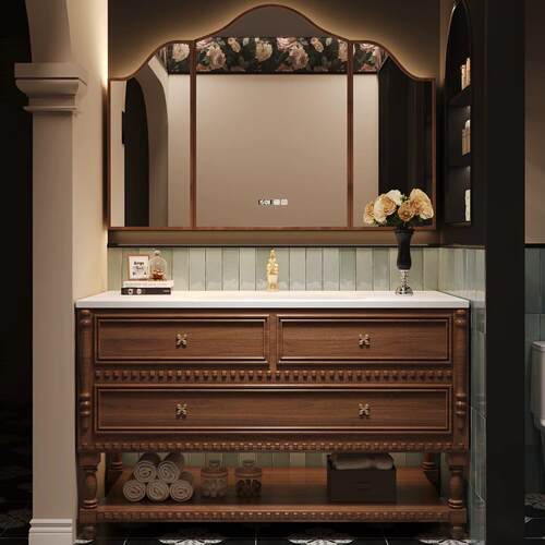 美式浴室柜实木烤漆落地式支持定制法式复古卫生间智能镜柜卫浴柜