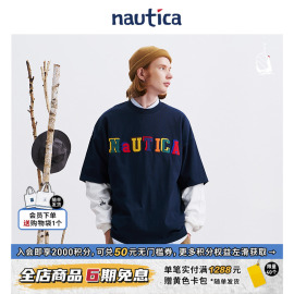 nautica白帆日系中性假两件宽松长袖圆领，t恤tw3319