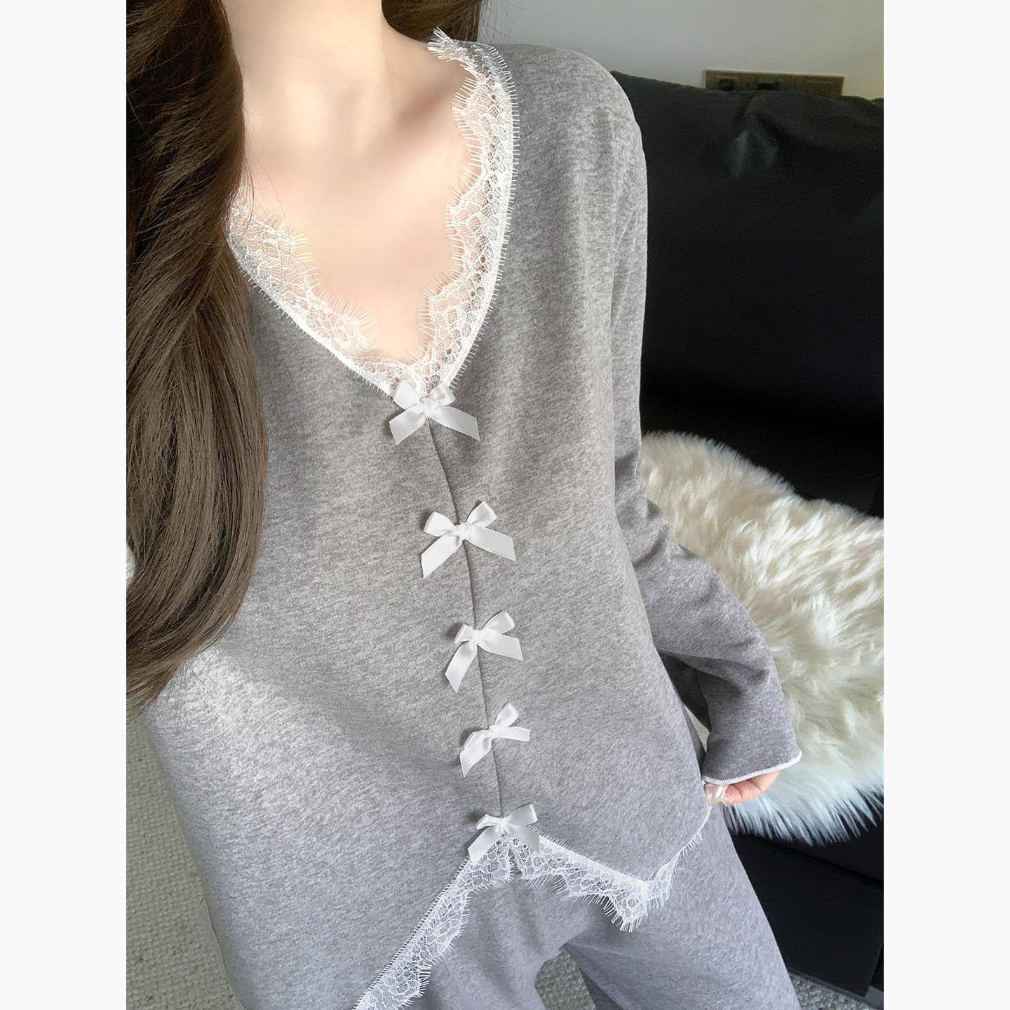 保暖长袖睡衣女秋冬季简约蕾丝花边蝴蝶结V领套头家居服套装0910r