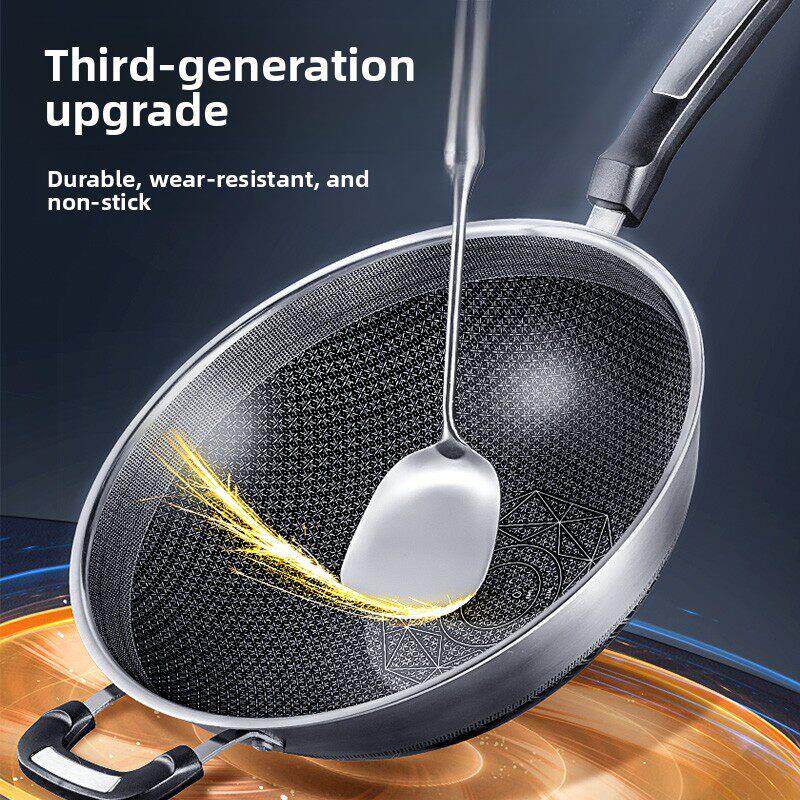 崔大黄锅双面屏304不锈钢煎锅家用厨房不粘锅燃气电磁炉通用