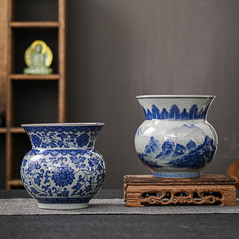 老陶泥青花茶渣缸建水茶洗陶瓷茶盂水盂茶水桶笔洗茶道零配桶