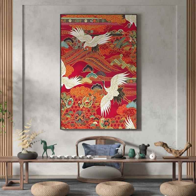 新中式仙鹤瑞鹤图中国风客厅茶室装饰画竖版入户玄关背景墙壁挂画