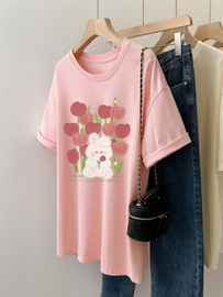 奶呼呼浅粉色短袖t恤女夏季郁金香半袖情侣装设计感小众纯棉体恤