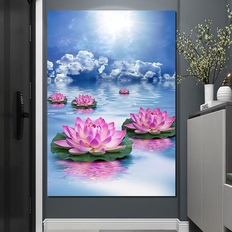 荷花聚财图入户玄关装饰画背景墙壁纸风景招财挂画风水画客厅图片