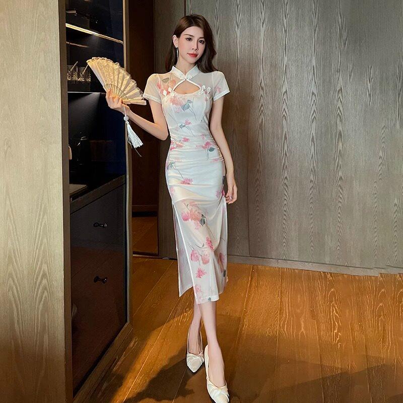 夜总店气质柔试工装印花旗袍洋装女性感桑拿按摩足浴技师工作服