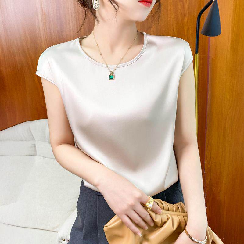 真丝无袖圆领T恤女夏薄款2025新款洋派显瘦减龄桑蚕丝V领短袖上衣