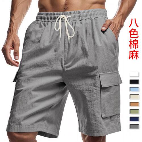 Multi pocket workwear shorts for men's sports linen