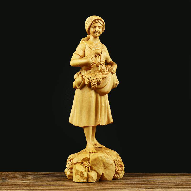 小叶黄杨代木雕满载而饰归美摆件家居满载而归客厅木装现美女人女