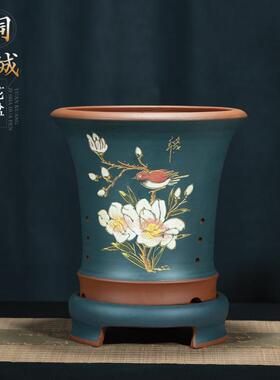精品兰花盆陶瓷吊兰室内中国风花盆带托盘简约紫砂君子兰专用花盆