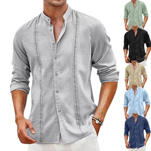 Men's youth cardigan standing collar long sleeved shirt