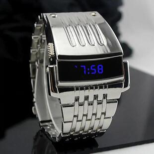 Fashion Blue LED Display Wide Stainless Steel Band Men Digit