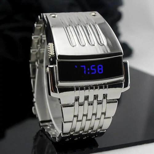 Fashion Blue LED Display Wide Stainless Steel Band Men Digit