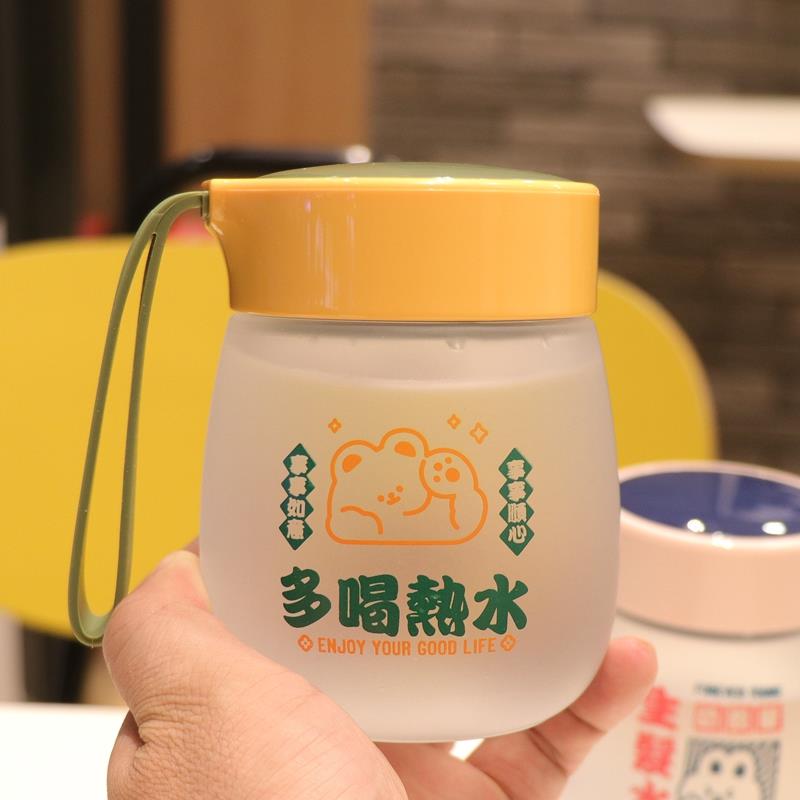 耐高温耐热有盖学生日式玻璃水杯磨砂迷你小巧大肚杯子防爆带刻度