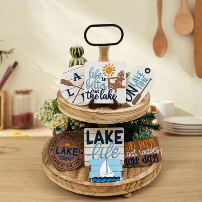 帆船LAKE标志划船组合 分层托盘装饰品 创意桌面木制工艺品摆件